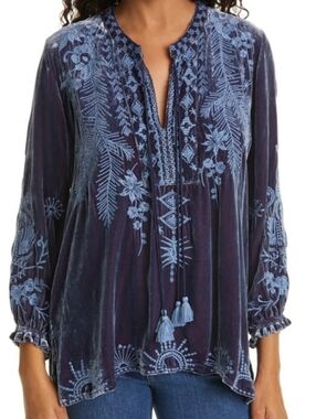 Johnny Was Dylan Silk Velvet Double-Tassel Tunic in Iridescent Blue Size S